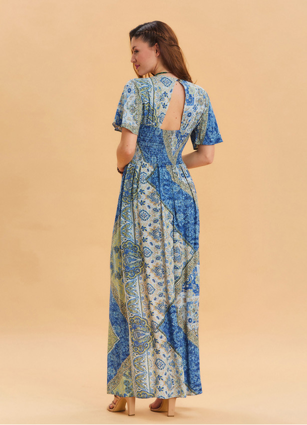 Blue Women's Ethnic Jumpsuit with Flounce Sleeves and Shorts Detail 4489